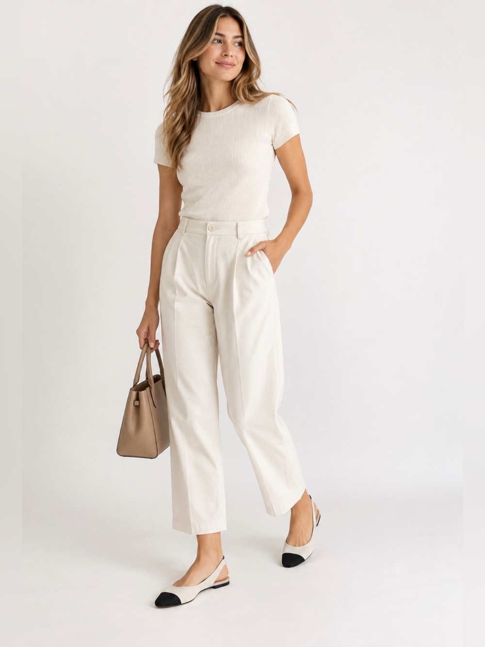 Rothy's White Slingback Flats with Black Cap Toe and Blue Heel Detail